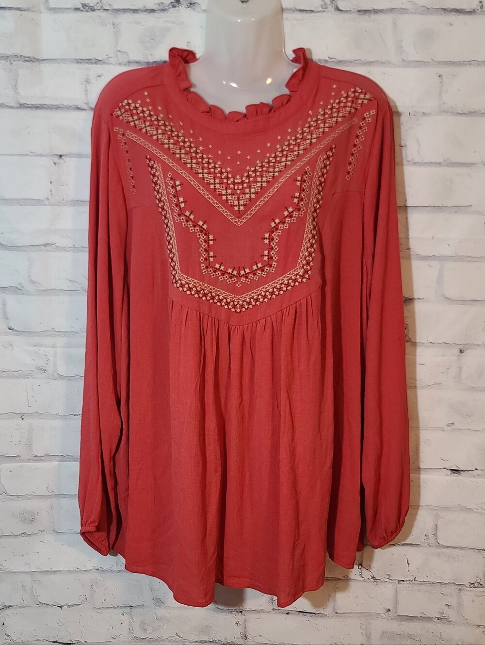 New Torrid Boho Burnt Orange Crinkle Gauze Embroidered Relaxed Button Tunic 1X